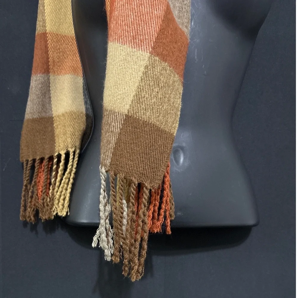 Jeffrey Banks Scarf Mens Chocolate Brown Orange Plaid Fringed Granola‎ Gorpcore